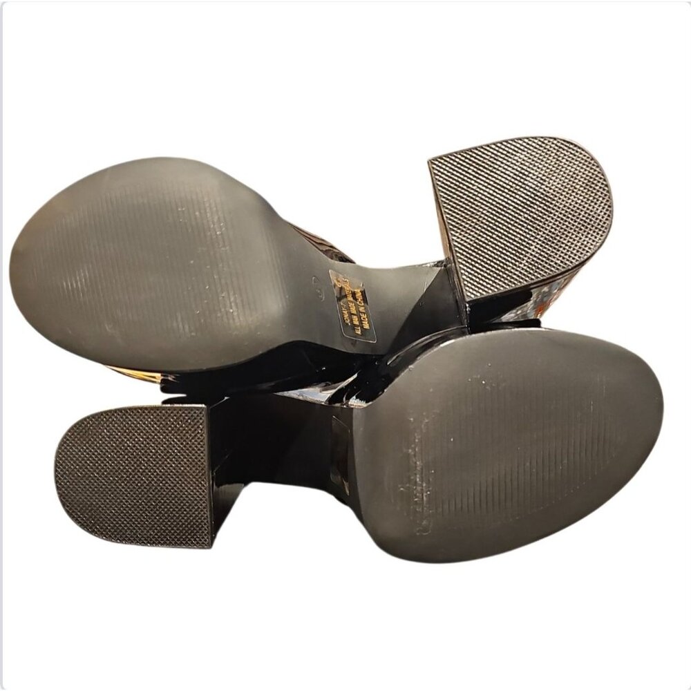 Metallic Black Platform High Heel Ankle Strap Sandals Glossy Patent Faux Leather - Picture 6 of 9